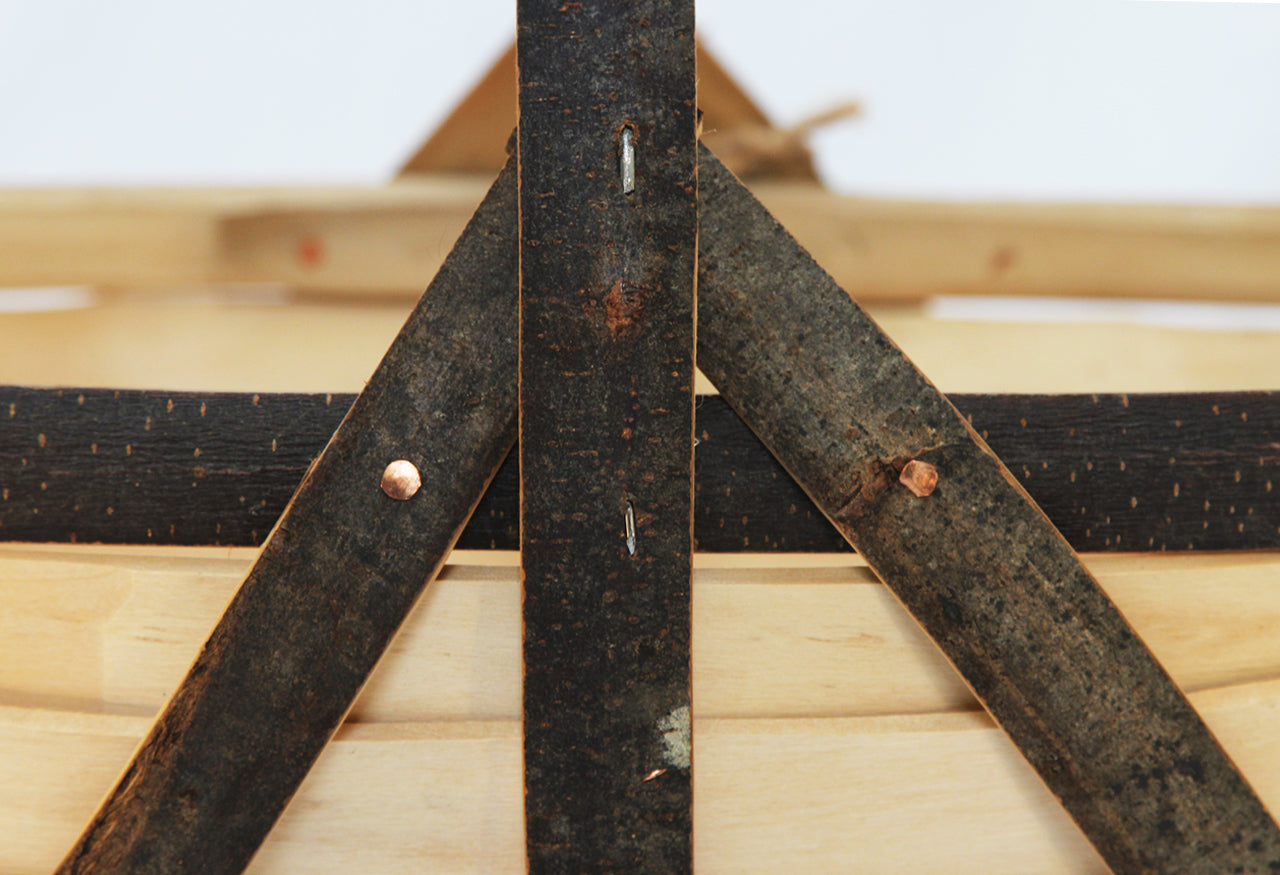 Sussex Apple Trug. Traditionally hand-crafted in Herstmonceux. Detailed view of natural bark
